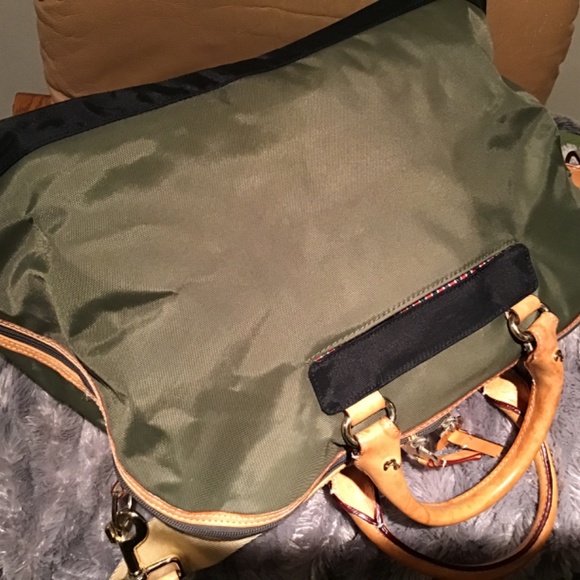 DANZO ‘RETRO KHAKI GREEN NYLON WITH BEIGE VACHETTA HANDLES & TRIMS  BABY BAG - Picture 3 of 16